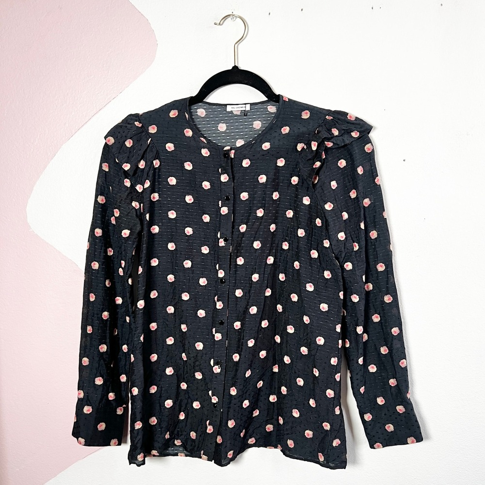 Vilshenko Rose Print Cotton Silk Blouse Black Floral Ruffle Shoulder Size 6